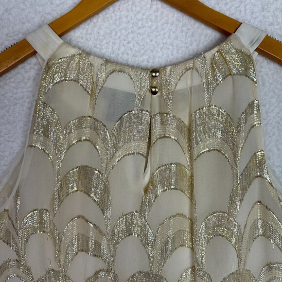 White House Black Market Silk Tank Top Sz L Gold Metallic Scallop Pattern Blouse - Picture 9 of 13